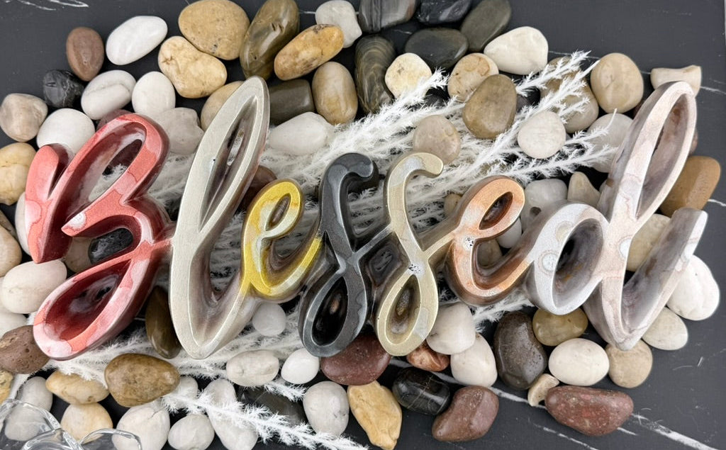 Overhead view of the Blessed resin sign
