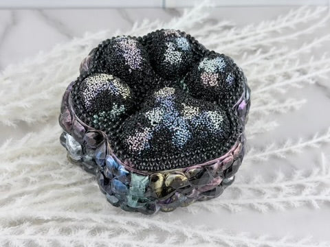 Detail of the iridescent rhinestones on the paw print lid