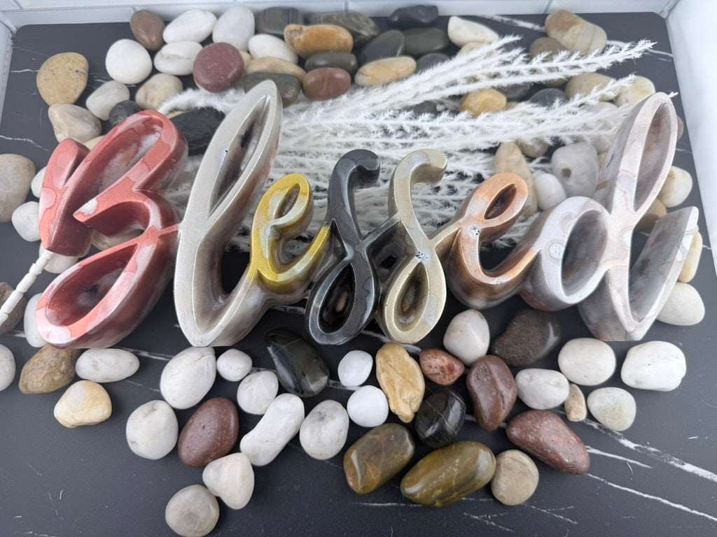 Handmade resin Blessed script sign in marbled terracotta, gold and pearl tones