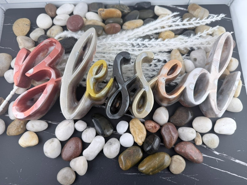 Handmade resin Blessed script sign in marbled terracotta, gold and pearl tones